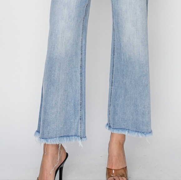 RISEN High-Rise Waist Pants Wide Leg Cropped Frayed Hem Boyfriend Denim Jeans - Picture 12 of 15